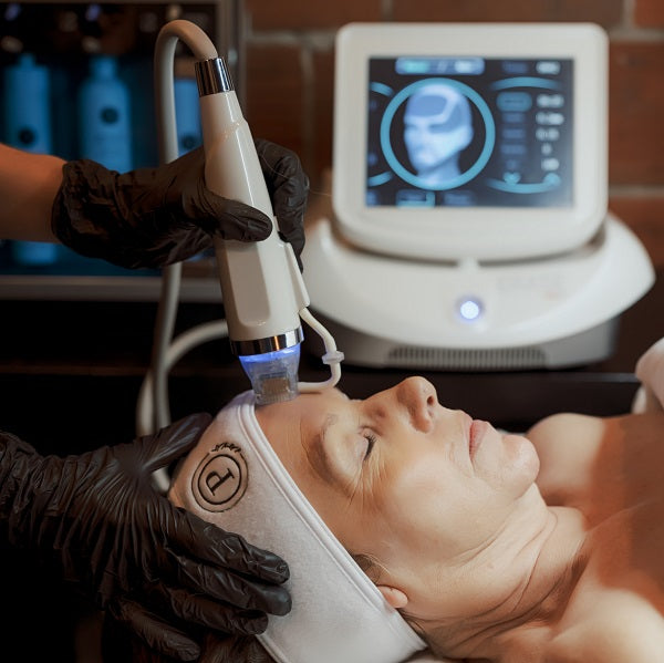 A spa guest relaxes with eyes closed while receiving an RF Microneedling treatment in a luxury medspa setting.