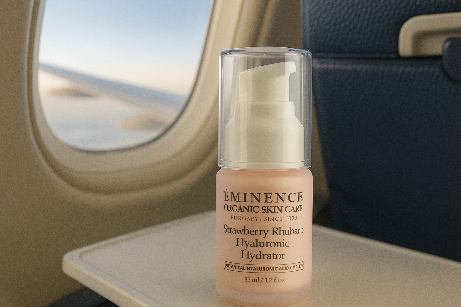 Eminence Organics Strawberry Rhubarb Hyaluronic Hydrator on an airplane tray table. This product is under the TSA limit for liquids and travel friendly!